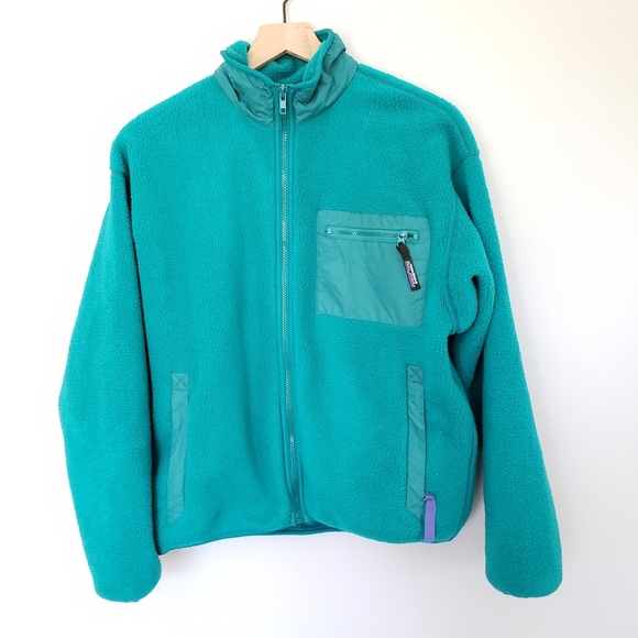 Patagonia Teal Vintage Deep Pile Retro Zip Up Fleece Jacket Made in USA - Picture 1 of 4